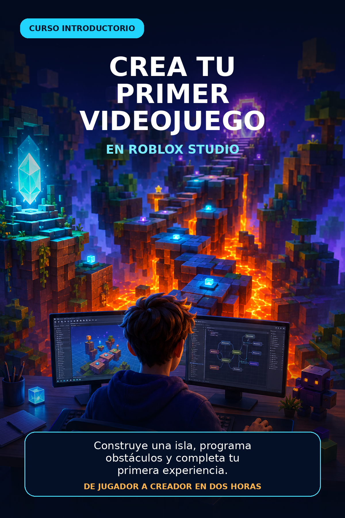 Portada del curso introductorio Crea tu primer videojuego en Roblox Studio.