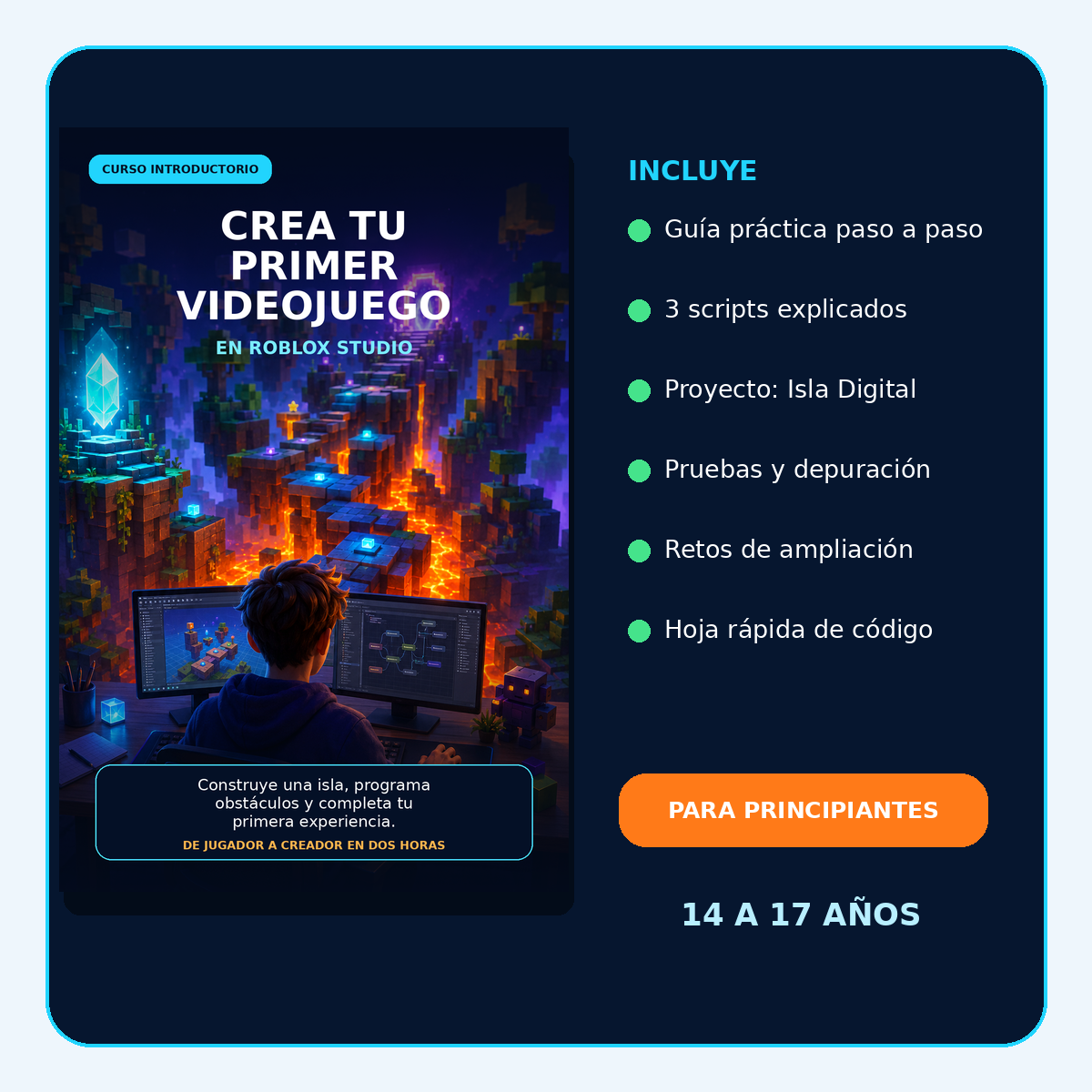 Ficha del producto con los elementos incluidos: guia paso a paso, scripts, proyecto, pruebas, retos y hoja rapida de codigo.